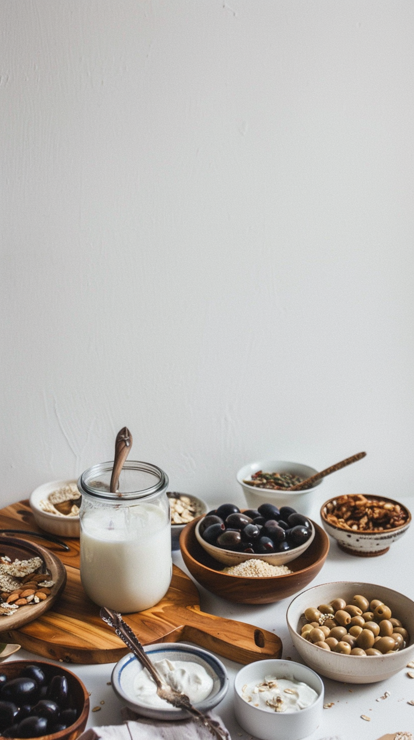 A breakfast spread of bread, yoghurt, fruit and nuts on a wooden board